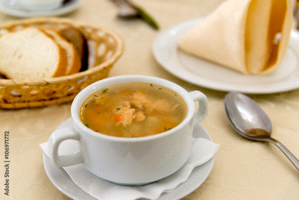Fish soup on  table at restaurant