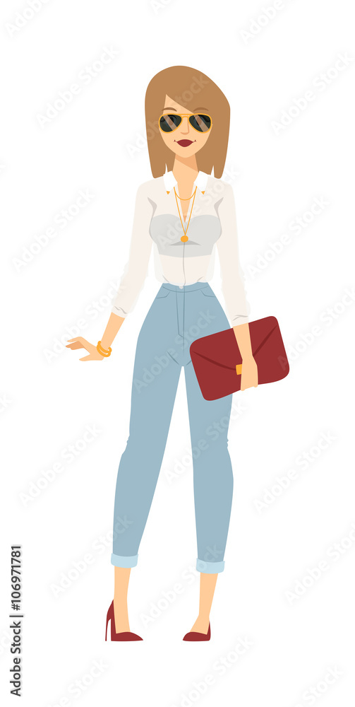 Business dress girl attractive happy person with handbag and fashion glasses cartoon character vector. Business dress girl attractive happy person with handbag and fashion glasses cartoon character vector.