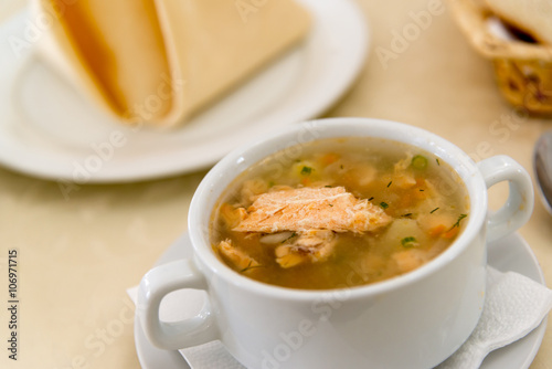 Fish soup on table at restaurant