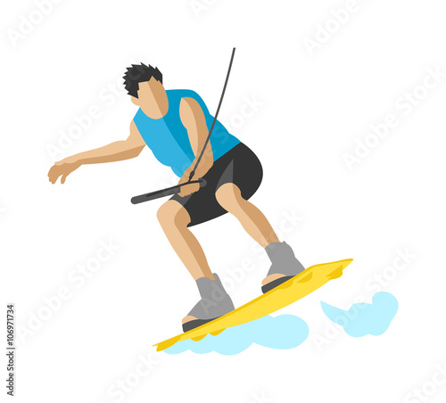 Man wakeboarding in action summer fun hobby outdoor water sport character vector. © Vectorvstocker