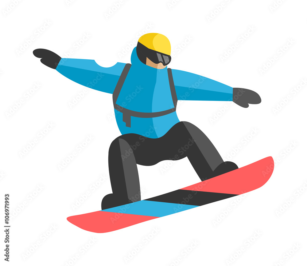 Freestyle snowboarder jumping from top of peak mountain covered clouds vector.