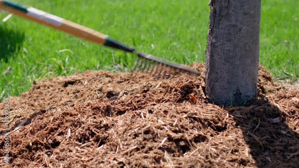 Raking pine mulch around the trunk of a small plum tree.  Recorded in 4K, hand-held camera.