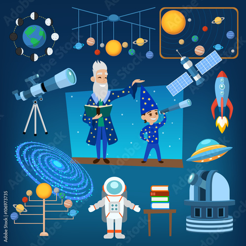 Planets and sun from our solar system astrology astronomy icons vector illustration, people education