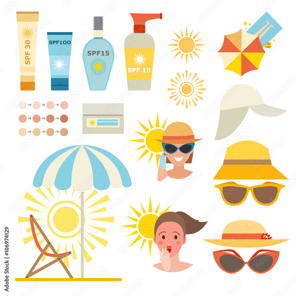 Skin sun protection cancer body prevention infographic vector icons