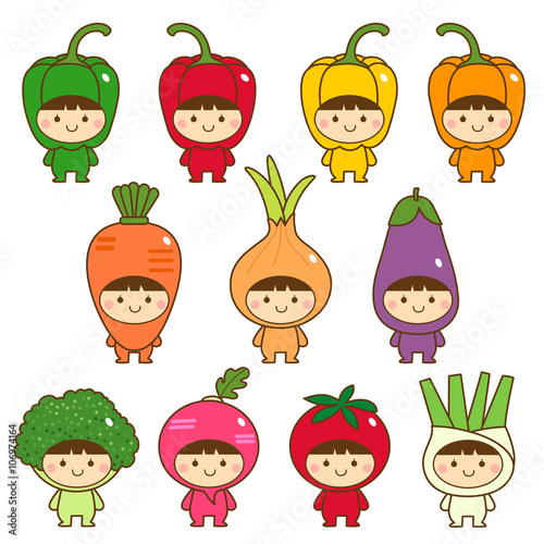 Set of kids in cute vegetables costumes