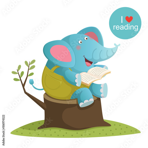Cartoon elephant reading a book