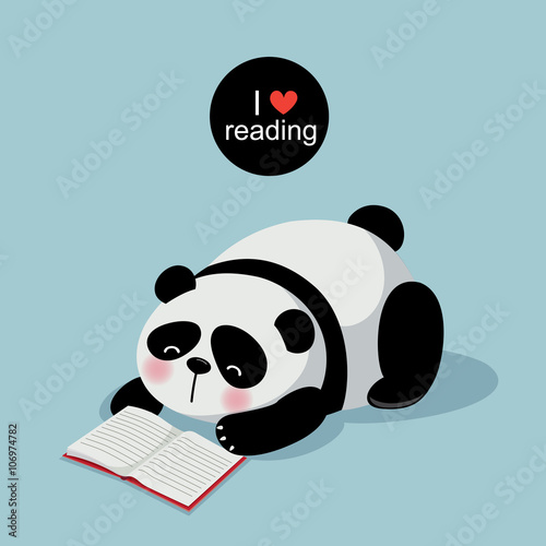 Fototapeta Naklejka Na Ścianę i Meble -  Cute panda reading a book on gray background