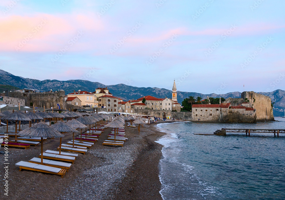 Evening view of beach at Old Town of Budva, Montenegro
