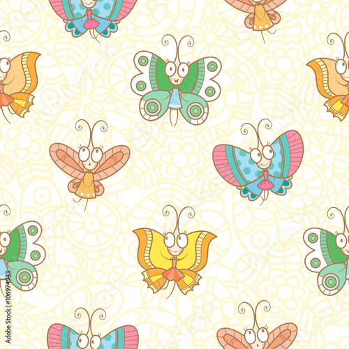 Seamless pattern with cute cartoon butterflies on floral background. Butterflies in summer dresses. Vector image. Children's illustration.