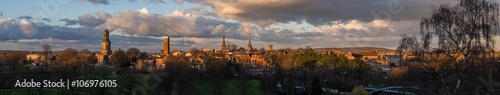 Shrewsbury panorama showing the church spires of St. Chad's, St. Mary's, St. Alkmund's and the cathedral, in golden evening light. photo