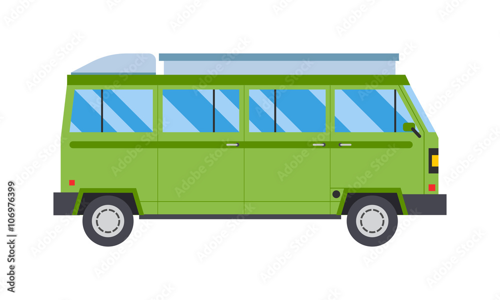 Vector illustration with green bus road travel transport. 