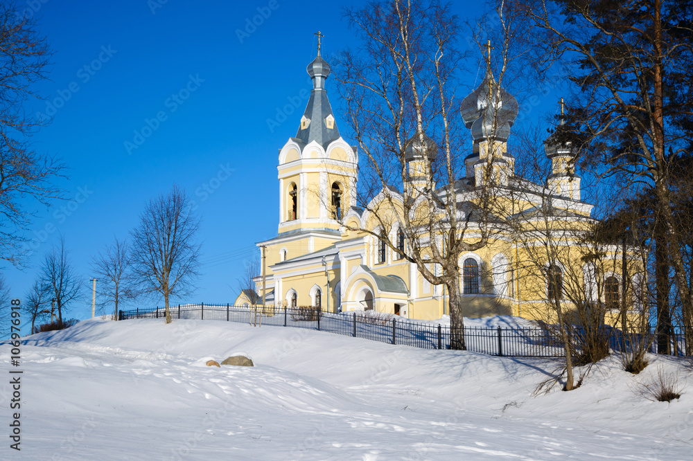 Church of reconciliation. Dormition Mother of God in village of Lesieur - Sologubovka of Russia, on its territory there are German military cemetery. Russian-German peace Park. German military burial.