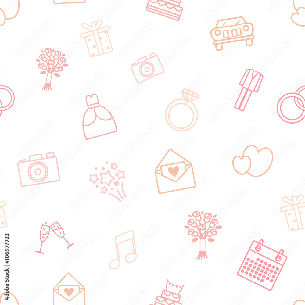 Seamless vector pattern of wedding vector icons. Wedding dress, suit, car, engagement ring, bride's bouquet, etc. Good as wedding invitation's background, wrapping paper, as print for gift's package. Seamless vector pattern of wedding vector icons. Wedding dress, suit, car, engagement ring, bride's bouquet, etc. Good as wedding invitation's background, wrapping paper, as print for gift's package.