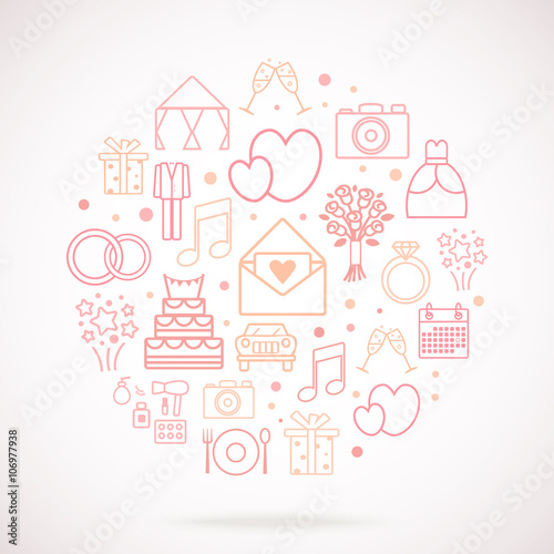 Set of wedding vector icons, groupped in circle. Wedding dress, suit, car, engagement ring, bride's bouquet, etc. Good for wedding invitation's background, girf's package, wrapping paper.