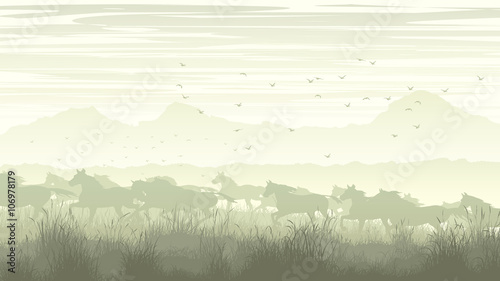 Horizontal illustration of landscape with herd of horses.