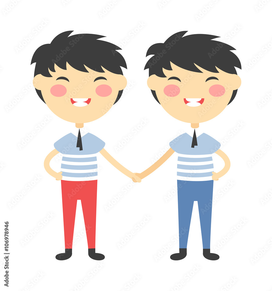 Twins happy kids holding hands boy and girl vector illustration. 