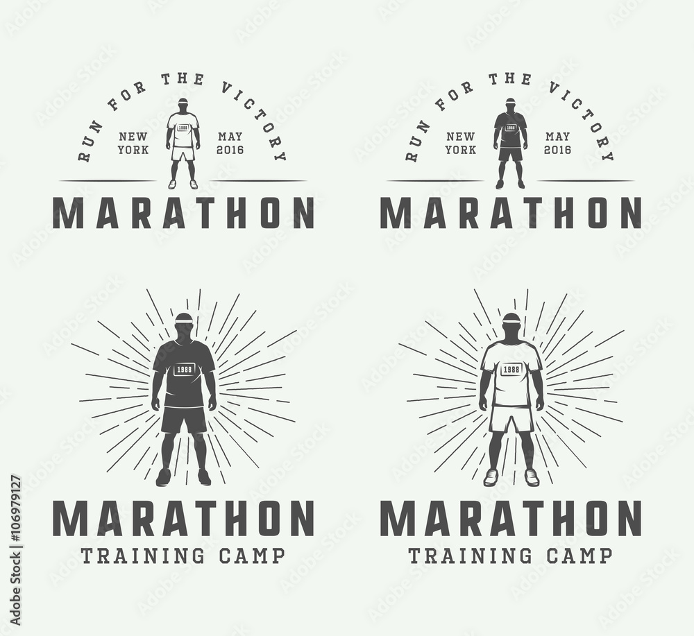 Set of vintage marathon or run logo, emblem, badge, poster