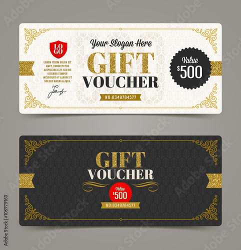 Gift voucher template with glitter gold, Vector illustration, Design for  invitation, certificate, gift coupon, ticket, voucher, diploma etc.