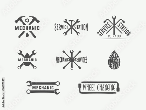 Vintage mechanic and car service logos, emblems, badges, labels