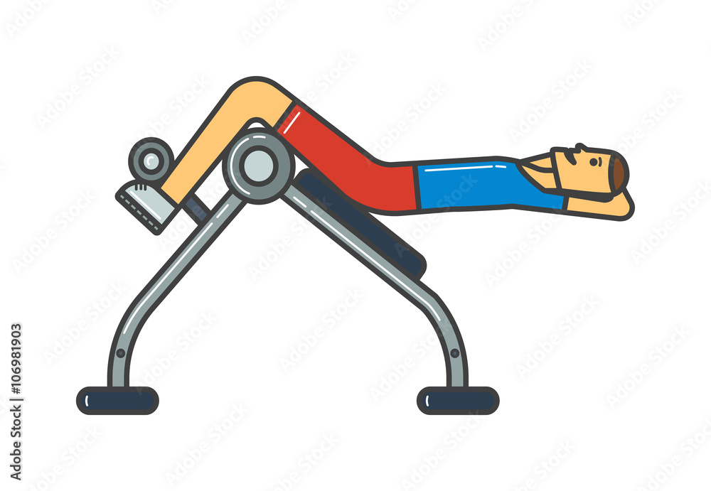Handsome power athletic man in training pumping up muscles with dumbbell vector. 