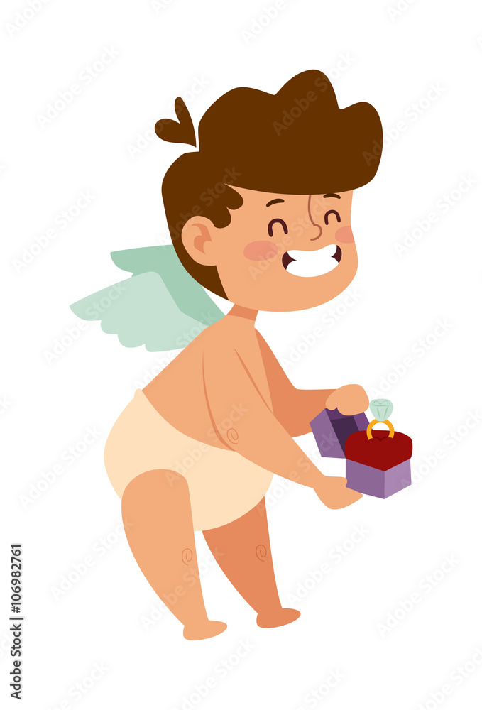 Baby cupid angel wings box with wedding ring cartoon vector. Baby cupid angel wings box with wedding ring cartoon vector.