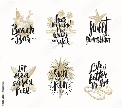 Set of summer holidays and tropical vacation hand drawn vector illustration with handwritten calligraphy quotes, words and phrases.