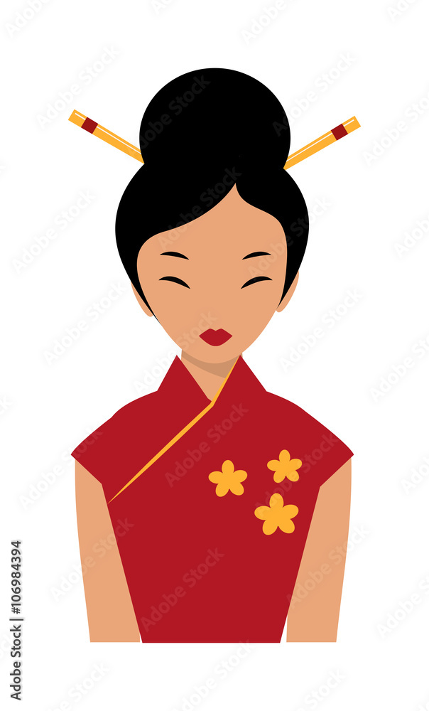 Beautiful chinese girl in traditional cheongsam red dress chopsticks in  hair cartoon flat vector. Stock Vector | Adobe Stock