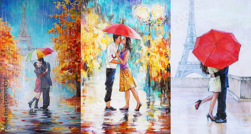 oil painting, a pair of lovers under an umbrella, Eiffel Tower, Paris, valentines day 3 in 1 collage