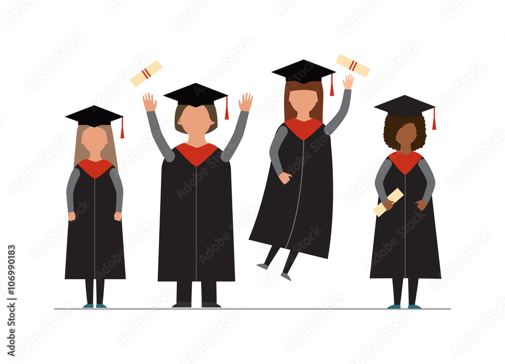 Happy graduation people uniform throwing caps vector. Happy graduation people uniform throwing caps vector.
