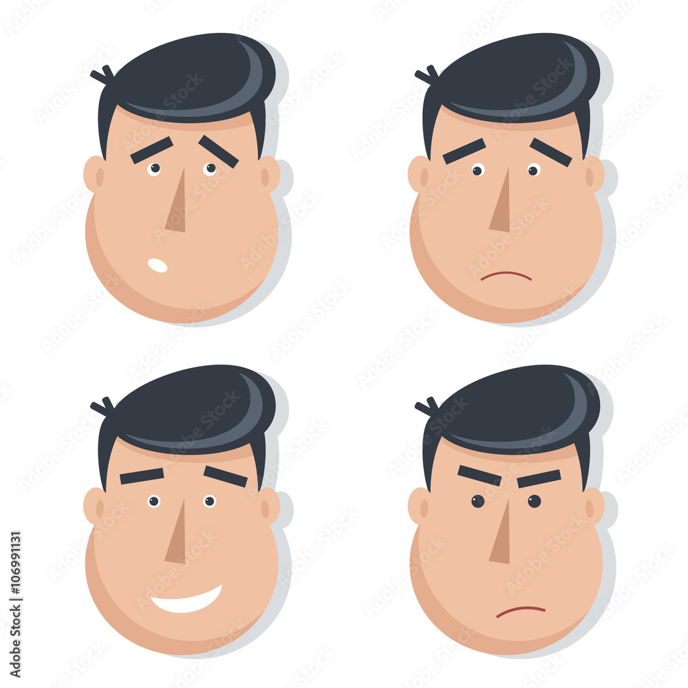 Set of male faces with emotions. Smiley set. Simple flat vector illustration, EPS 10
