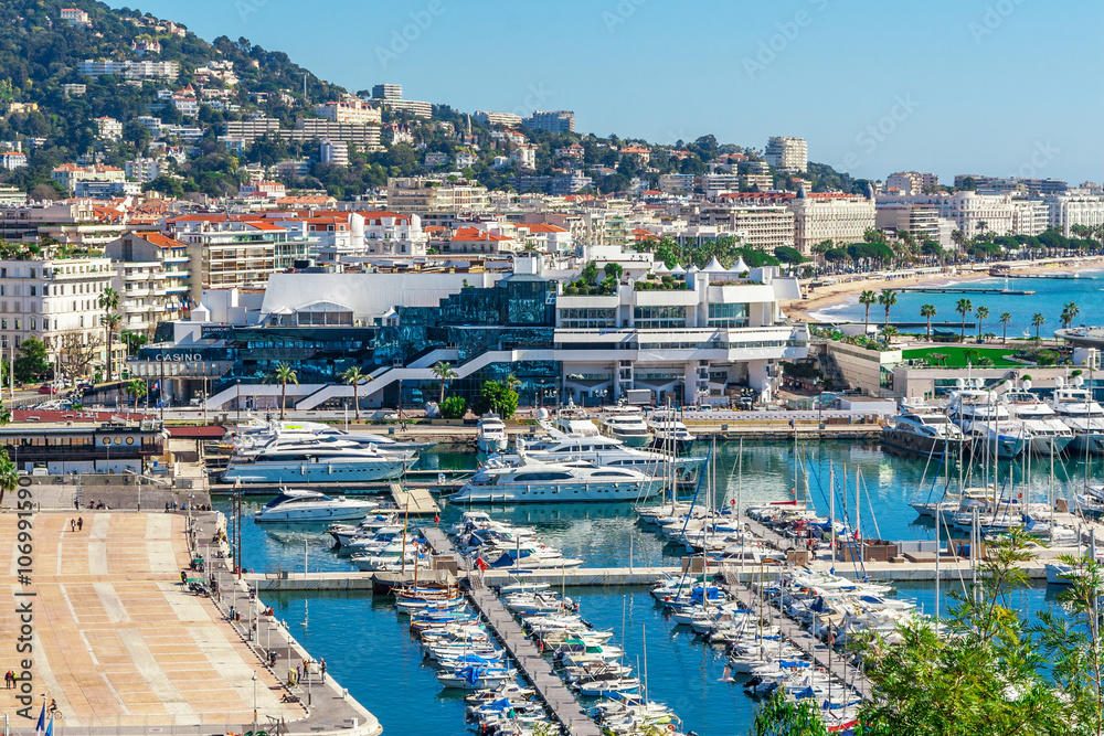 Panoramic view, Promenade de la Croisette, the Croisette and Port Le Vieux of Cannes, France Cote d'Azur