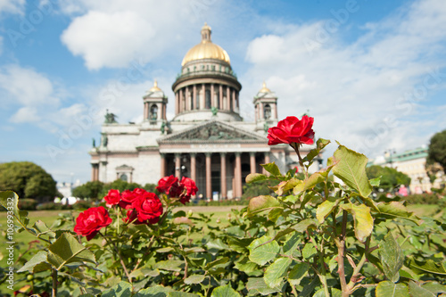 Saint Isaac's Cathedral (Isaakievskiy Sobor) in Saint Petersburg, Russia (focus on the right flower) photo