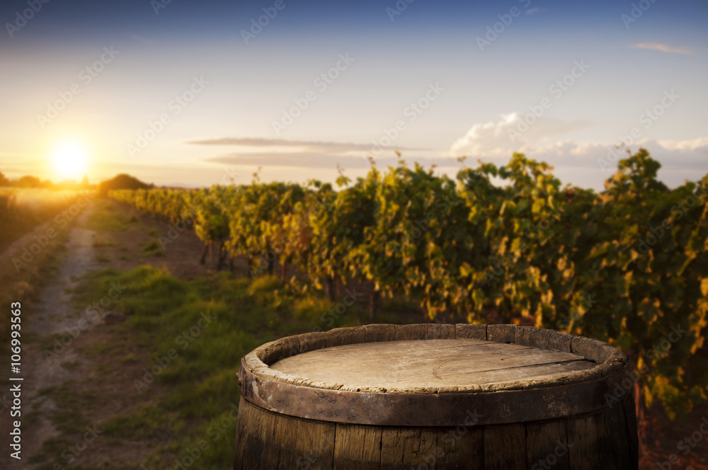 Empty wooden table with vineyard landscape in France on background. Header for website