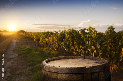 Empty wooden table with vineyard landscape in France on background. Header for website