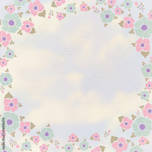 Flowers and clouds, gently blue vintage background