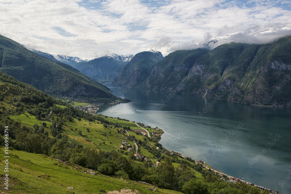 Classic panoramic view to the fjord from viewpoint on National Tourist Route Aurlandsfjellet, Norway