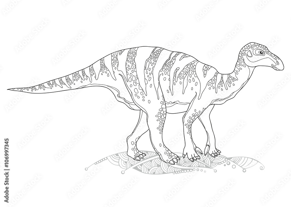 Fototapeta premium Vector illustration of Iguanodon from genus of ornithopod dinosaur isolated on white background. Series of prehistoric dinosaurs. Fossil animals and reptiles in contour style.