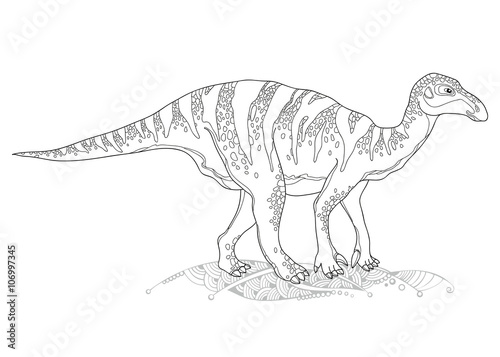 Vector illustration of Iguanodon from genus of ornithopod dinosaur isolated on white background. Series of prehistoric dinosaurs. Fossil animals and reptiles in contour style.