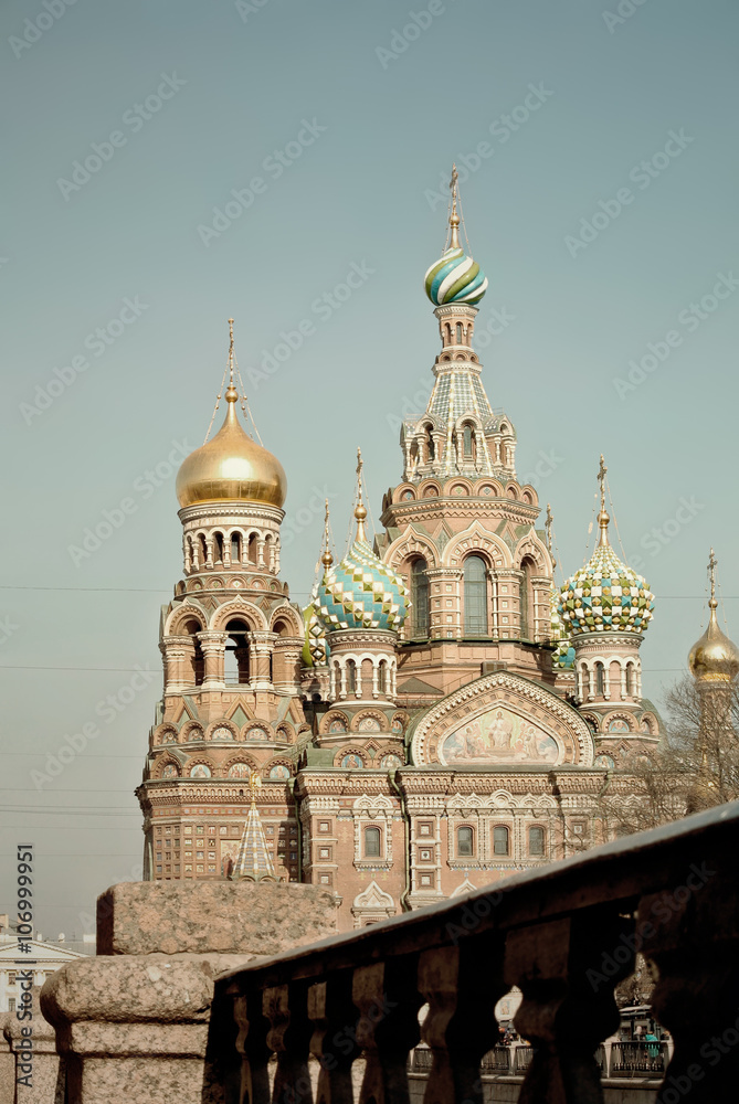 Church of the Saviour on Spilled Blood or Cathedral of the Resurrection of Christ in retro tone, St. Petersburg, Russia