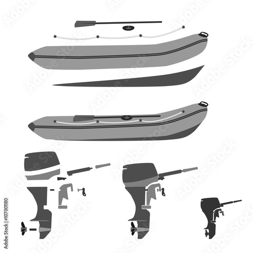 rubber boat and motor disassembled and whole. totally vector illustration