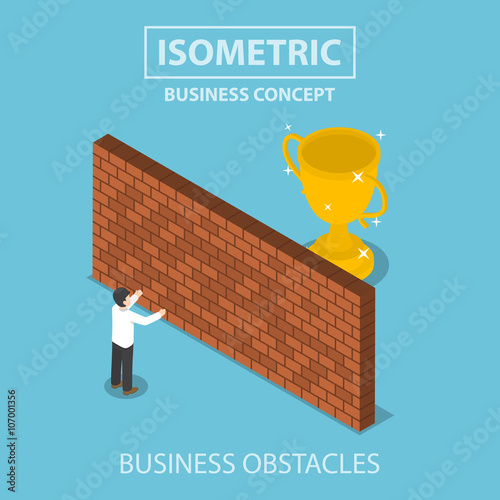 Isometric businessman standing in front of brick wall with troph