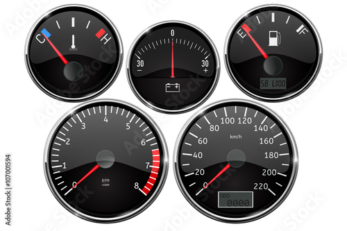 Set of dashboard measuring devices - fuel gauge, tachometer, speedometer, odometer