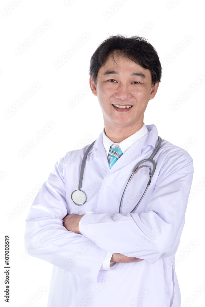Portrait of happy doctor smiling on white background Portrait of happy doctor smiling on white background