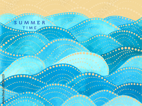 Blue writing summer time on yellow background with watercolor waves ornament - vector illustration
