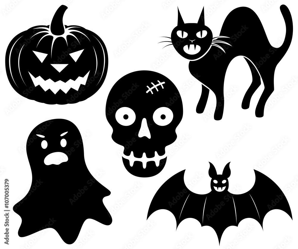 Vector illustration of a variety of black Halloween icons.