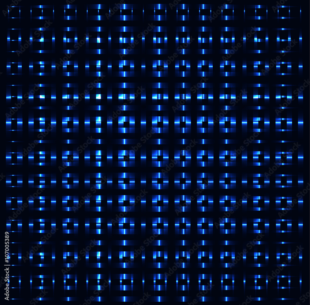 Blue squares, crossing abstract pipes, metal pieces, dark background
