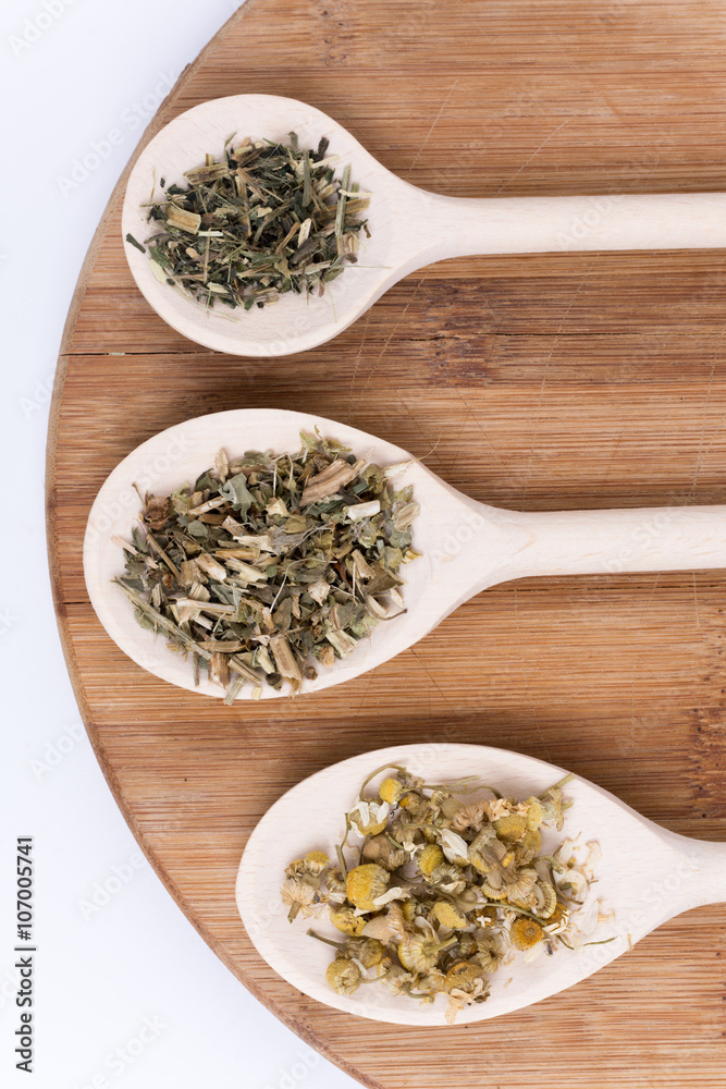 Chamomile tea nettle and basil on a wooden spoon Chamomile tea nettle and basil on a wooden spoon