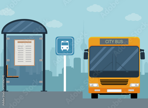 Picture of bus on the bus stop. Flat style illustration 
