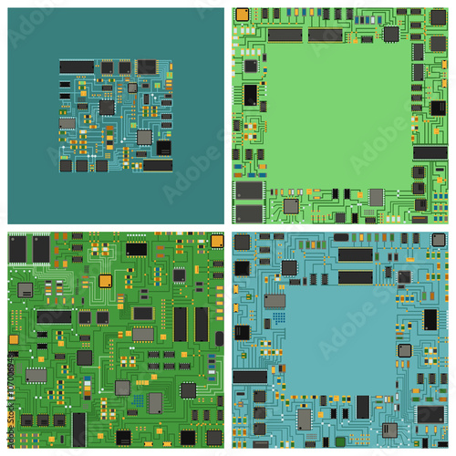 Computer chip electronic circuit board with processor flat vector illustration set. 