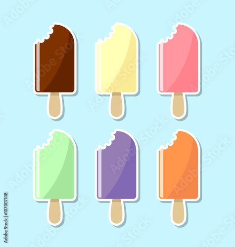 Retro and vintage flat icons of various flavors of bitten off popsicles